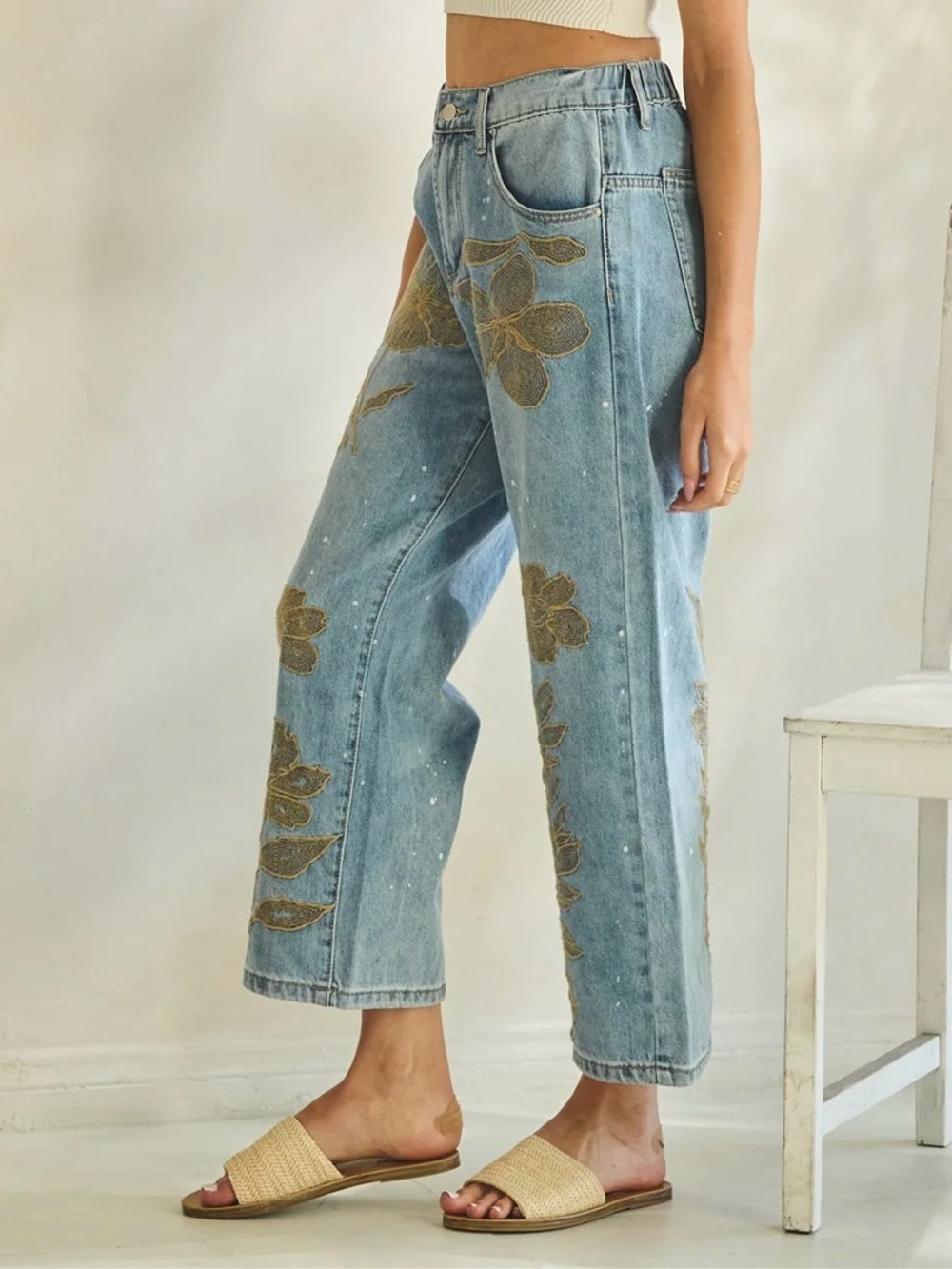 Oli & Hali Floral Embroidered Jeans | High Waist Ankle Crop Statement Denim - Picture 3 of 8